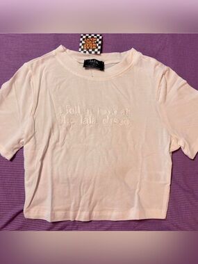 Dressed in LALA White Crop Top “I fell in love at the lala disco” - XS